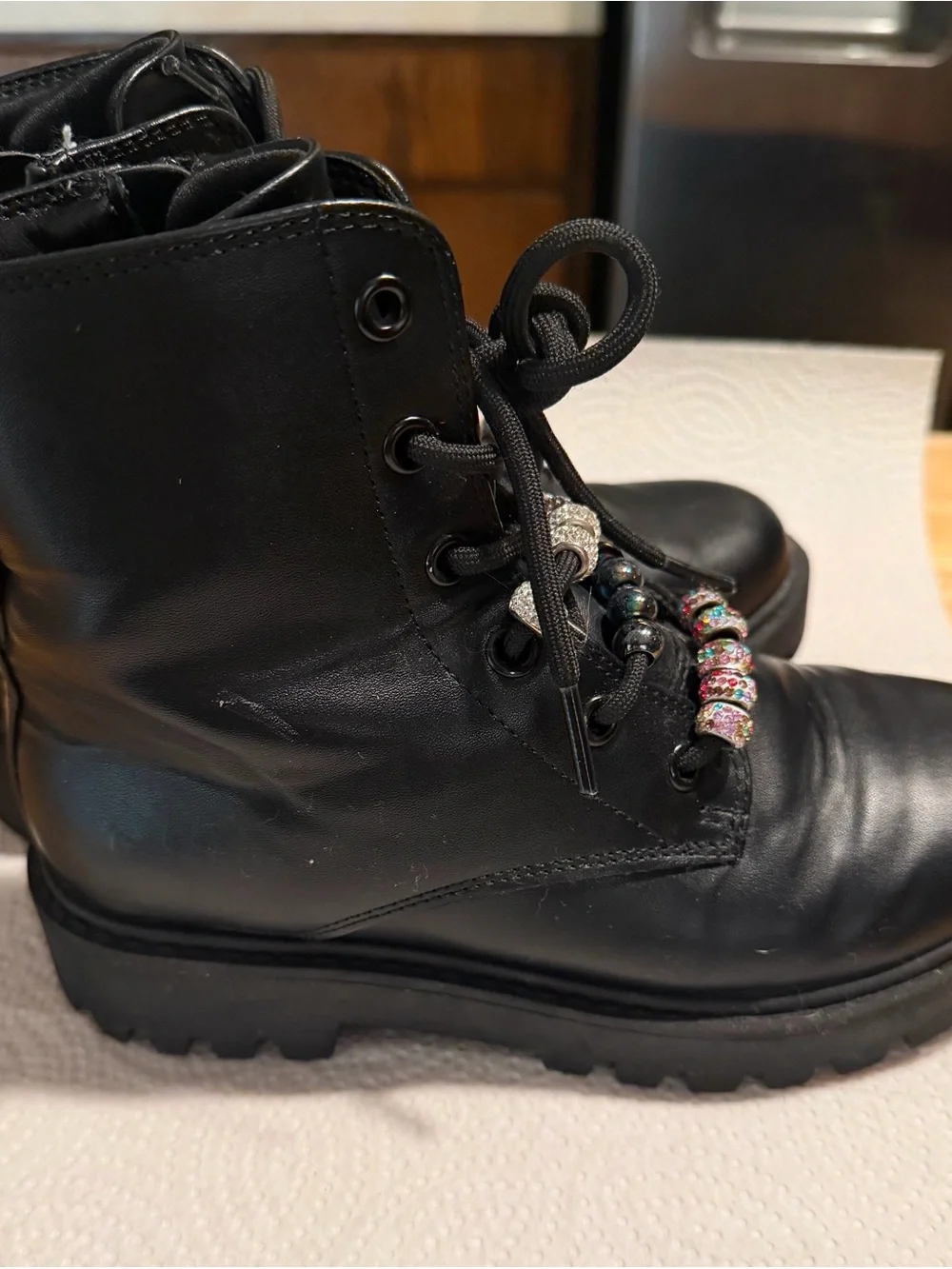 art class Black Kids Lace-Up Combat Boots with Beaded Lace Charms